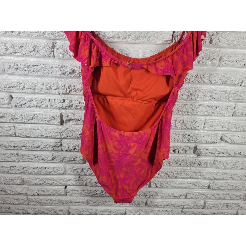 Mynah Womens Swimsuit XXL One Piece Open Back Pink Tropical Ruffle FLO69E